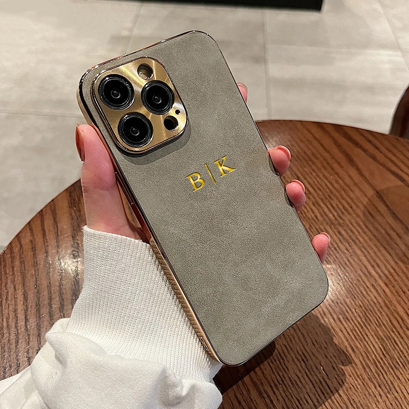 Leather Personalised Customized Name Case For Iphone 11 12 13 14 15 16 17 Pro Max 17 Air Plating Frame Lambskin Initials Cover
