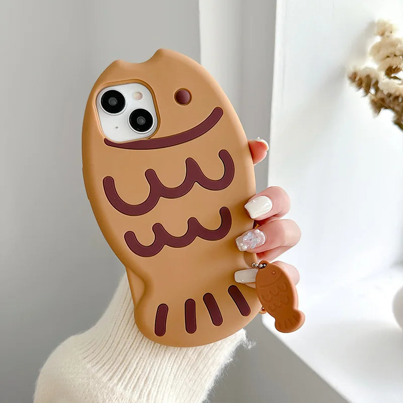 Cute Cartoon Animal 3D Taiyaki Fish Silicone Phone Case For iPhone 17Air 15 14 13 12 16 Pro Max With Pendant Shockproof Cover