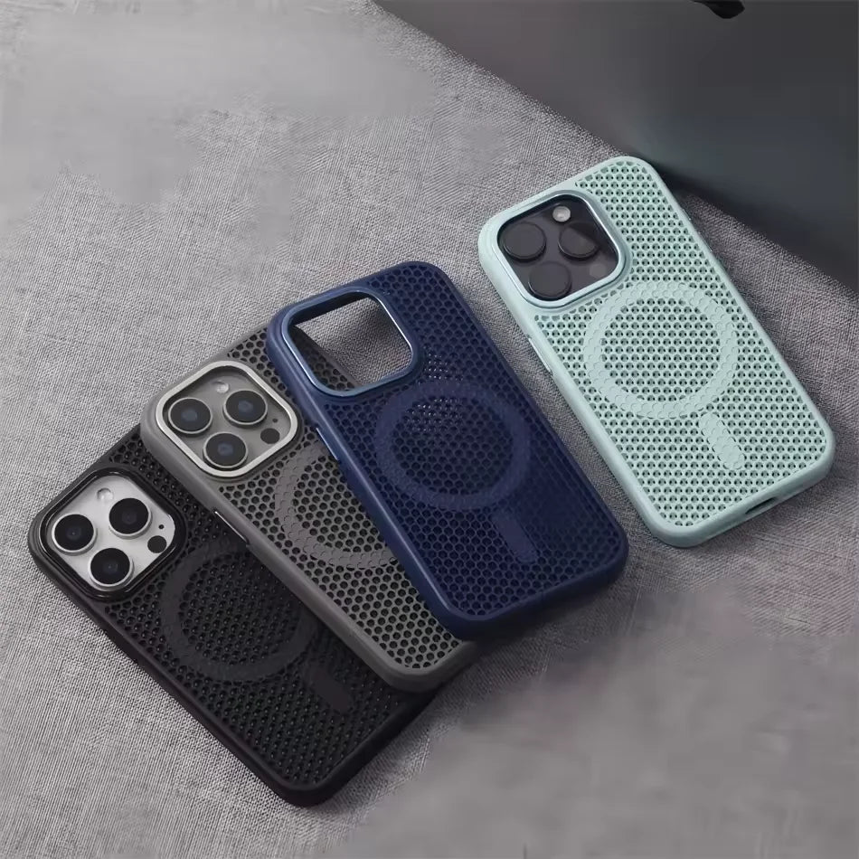 Heat Dissipation Mesh Magnetic Case for IPhone 17Pro 16 15 14 Plus 13 12 Pro Max Metal Lens Breathable Armor for Magsafe Cover