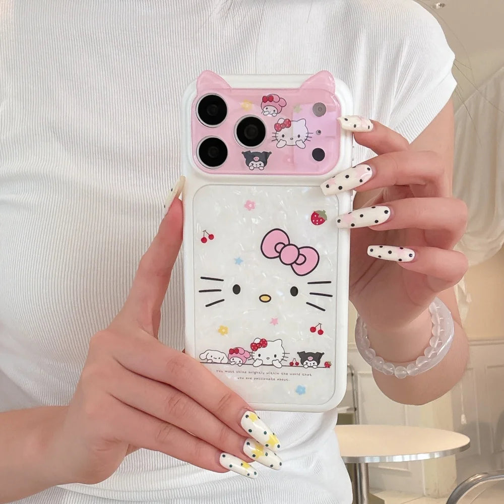 Cartoon Cat Ear Cute Sanrio KT Shockproof Phone Case For iphone 17 Pro 16 15 Pro Max Luxury Lens Protective Acrylic Back Cover