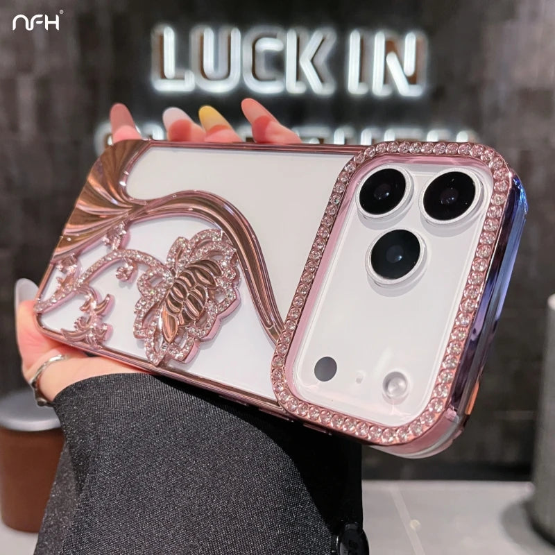 For iPhone 17 Air Pro Max Fashion Bling Diamond Flowers Plating Frame Case For iPhone 16 15 14 Plus 13 12 11 Protective Cover