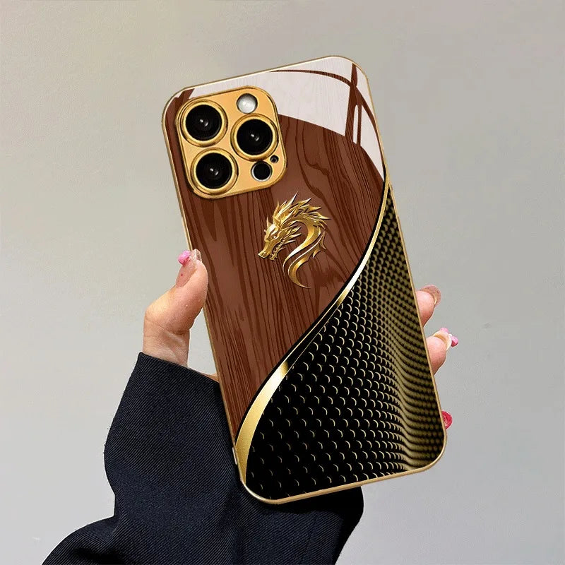 Luxury Textured Dragon Head Gold Metallic Paint Glass Phone Case For iPhone 17 Pro Max 11 12 13 14 15 16 Plus 17 Air 16E Cover