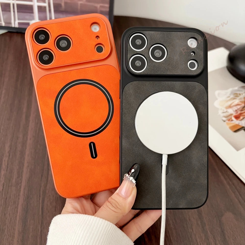 Leather Magnetic Big Windows Phone Case For iPhone 17 13 14 15 16 Pro Max Air 17Pro Magsafe Wireless Charging Protector Cover