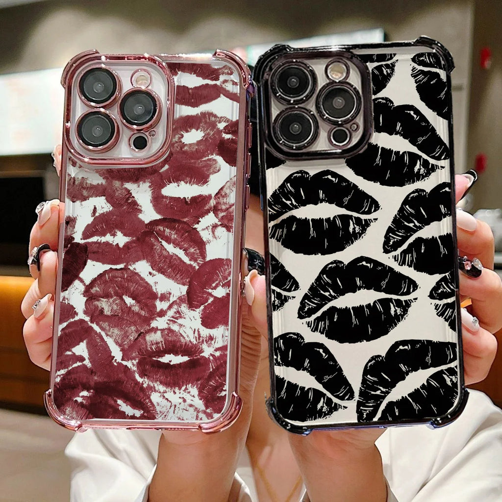 Trendy Retro Wine Red Lip Print Case For Samsung Galaxy S25 FE S26 Edge S24 S22 S23 S21 Plus S20 Ultra Plating Airbag Soft Cover