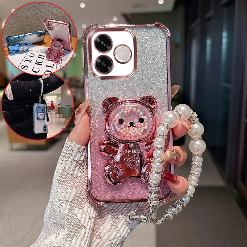 Cute Bear Cartoon Holder Pearl Lanyard Strap Shockproof Glitter Phone Case For Huawei Honor 600 Lite 600e 600lite 5G Back Cover
