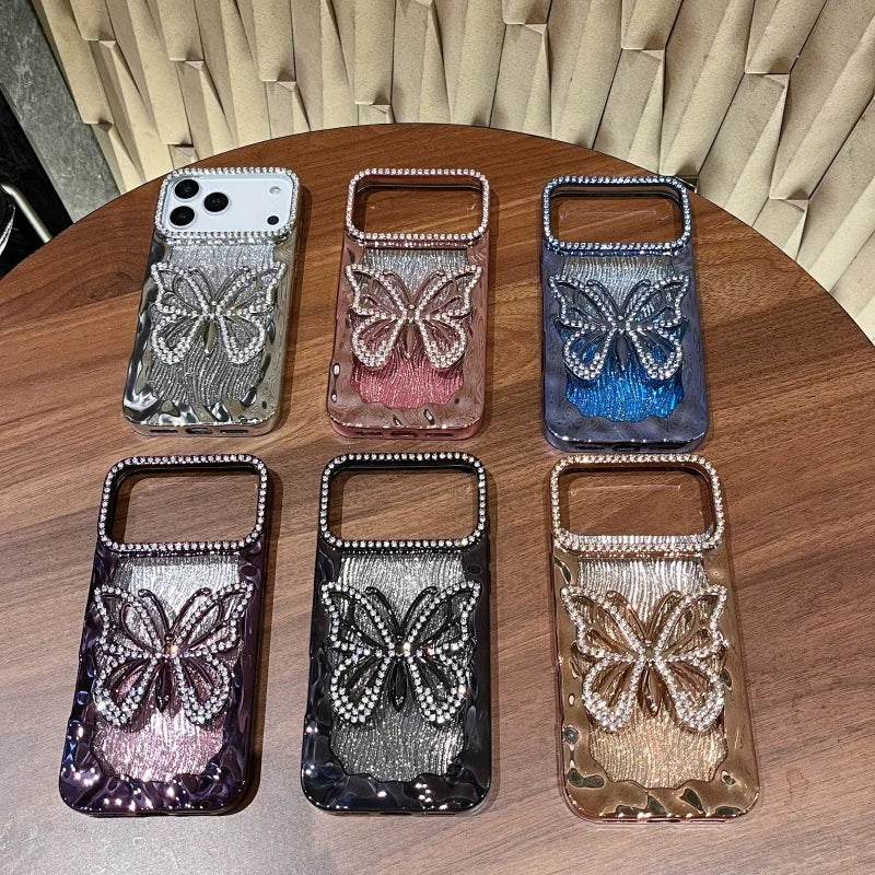 3D Bling Glitter Butterfly Gradient Diamond Phone Case For iPhone 17 Air 16 15 14 13 12 11 Pro Max Plus Plating Shockproof Cover