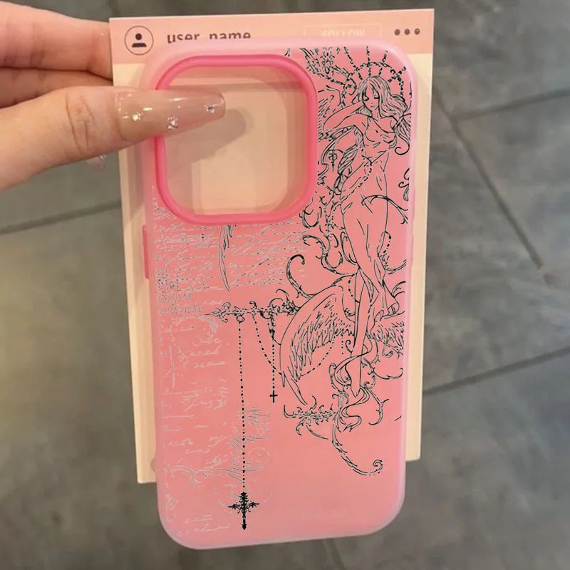 Gothic Style Angel Cross Line Drawing Phone Case For iPhone 11 12 13 14 15 16 17 Pro Max XS X XR 16E 17Pro 17Air 7 8 Plus Cover