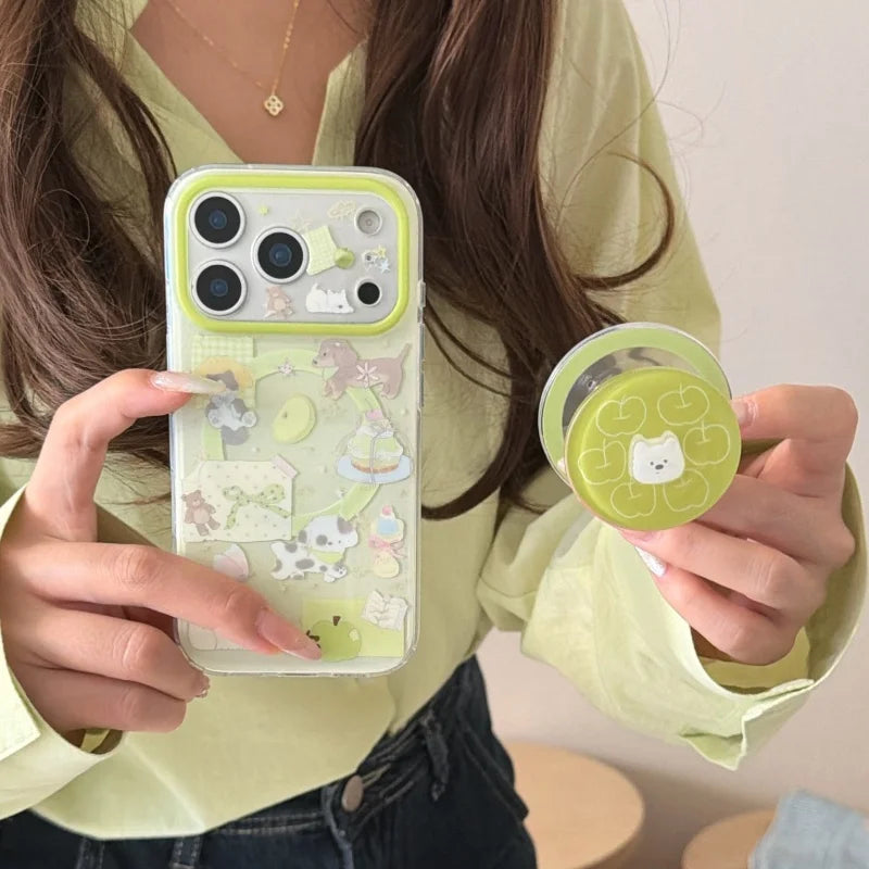 Korean Cute Puppy Magnetic Stand Phone Case For iPhone 17 Pro 14 15 16 Pro Max Cover with Magsafe Support Holder Kawaii Cases 17