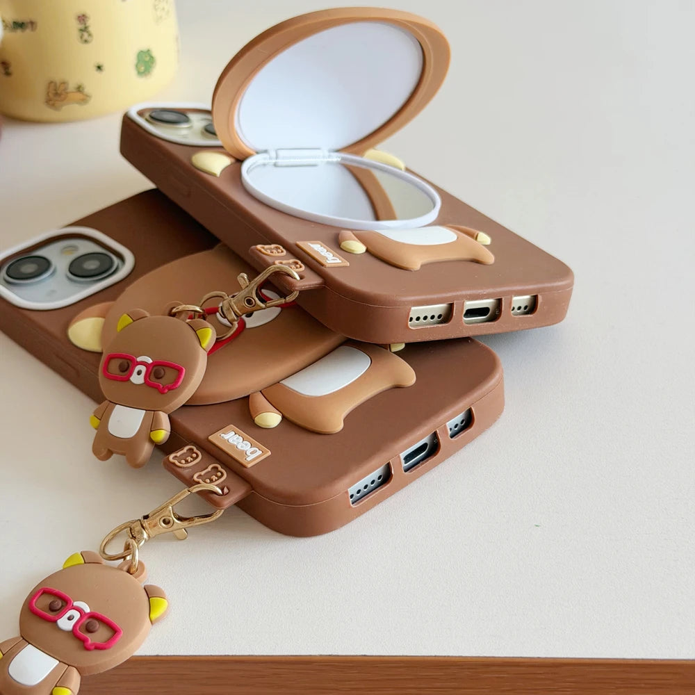Rilakkuma Bear Hide Makeup Mirror Phone Case For iPhone 17 16 15 14 13 Pro Max 3D Cute Cartoon Soft Silicone Cover With Pendant