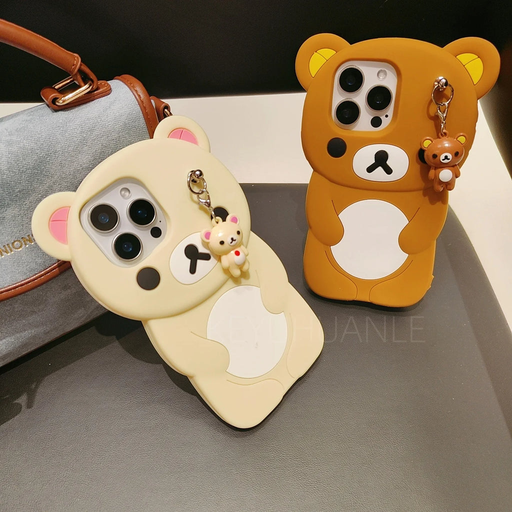 For iPhone 17 16 15 14 13 12 11 Pro Max SE 6 7 8 Plus Kawaii Rilakkuma Keyrings Silicone Soft Cover Doll Keychains Phone Case
