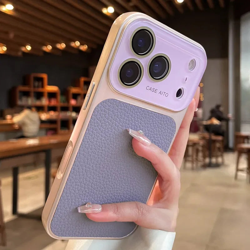 Luxury Lichee Leather Large Window Case for iPhone 17 16 15 Pro Max 14 Plus 13 Candy Color With Camera Film Shockproof Cover