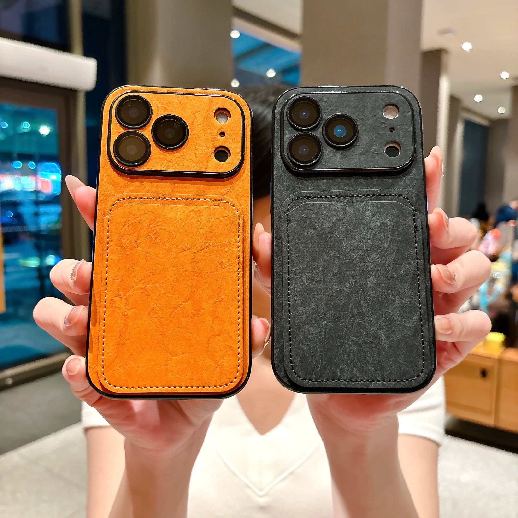 Shockproof Uneven Leather Card Holder Case For iPhone 17 Pro Max 16 15 14 13, Slim Window View Built-in Camera Protection Cover
