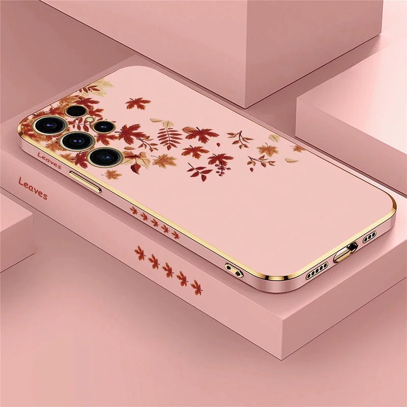 Case For Samsung Galaxy S25 S 25 Ultra S23 FE S24 S 24 5G S22 Plus S21 FE Luxury Silicone Plating Leaves Pattern Cover