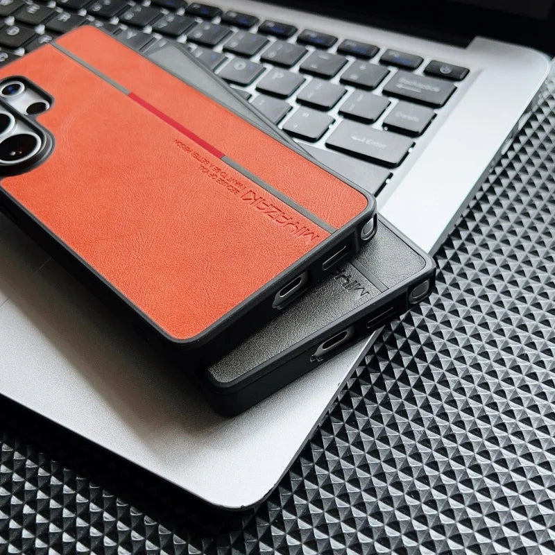Luxury Leather Lines Color Blocking Case for Samsung Galaxy S26 S25 S24 S23 S22 Ultra Retro Armor Shockproof Bumper Phone Cover