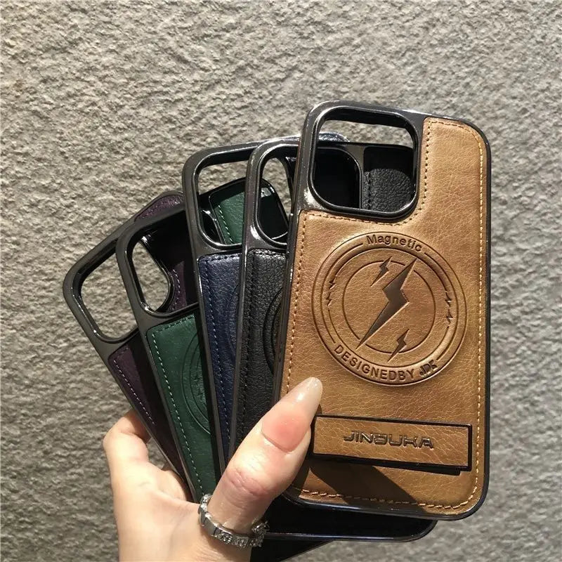 Magnetic Wireless Charging Phone PU Leather Case for iPhone 16 Pro Max 15 14 13 12 Pro Kickstand Protective Slim Cover