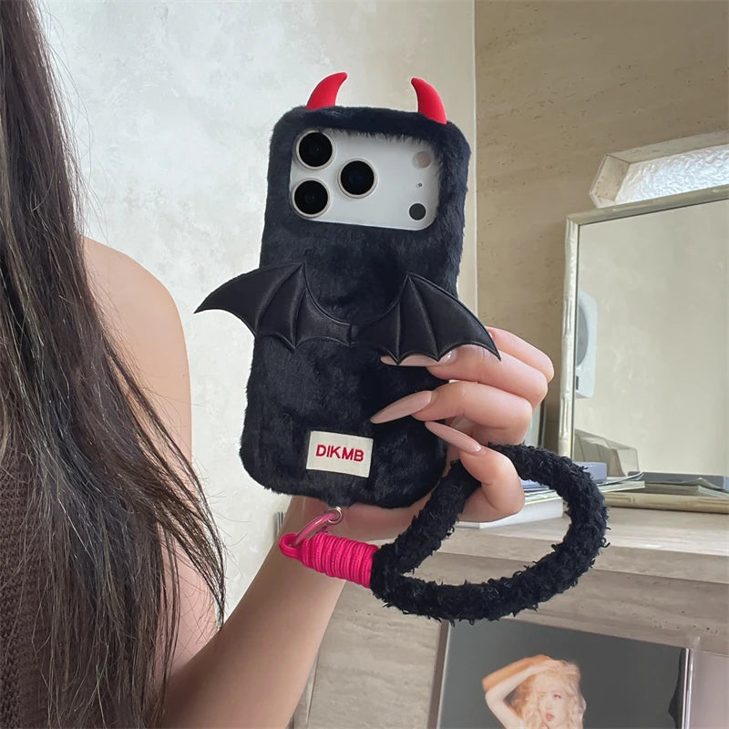 Korean Fluffy Plush Little Devil Case For iPhone 17 16 15 14 Pro Max Case 13 Cute Girl Winter Warm Cover Fur Soft Coque