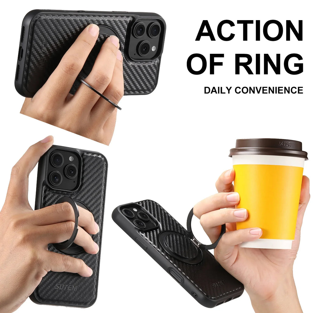 Magnetic Charging Bracket Ring Phone Case for iPhone 16 Pro Max 17 Air 15 Plus 14 13 12 Carbon Firber Texture Leather Back Cover