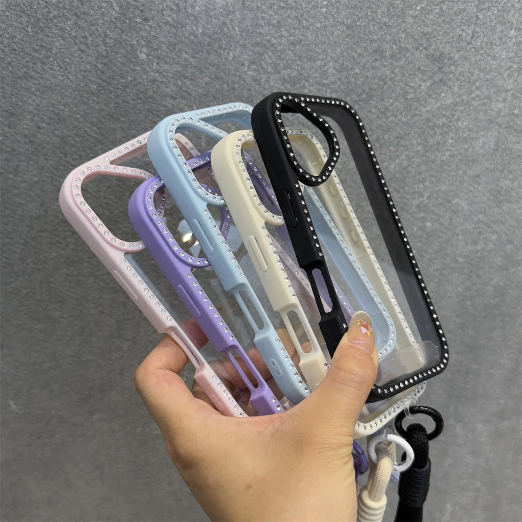 Bling Diamond Transparent Case For iPhone 16 ProMax 14 15 Plus 11 12 13 ProMax 16 Pro Wristband Lanyard Girl's Gift Shiny Cover