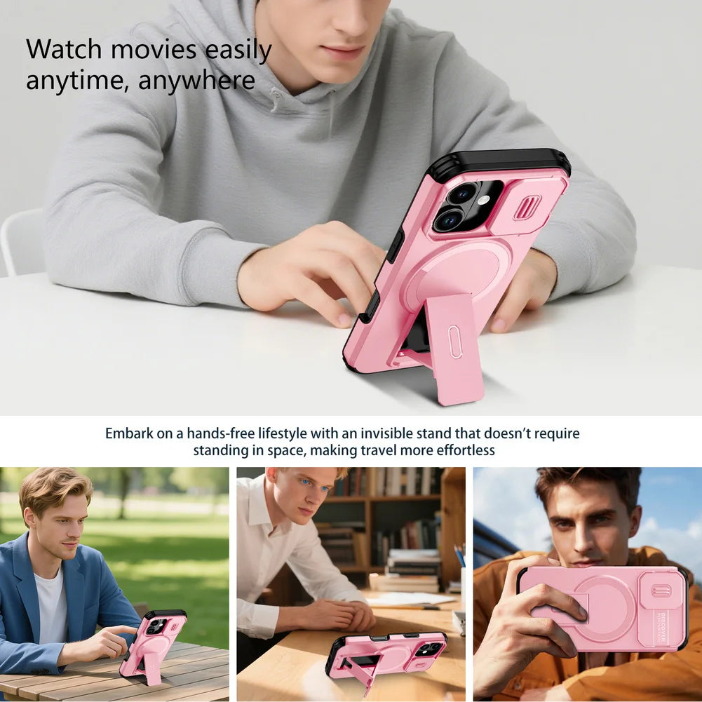 Magnetic Kickstand Heavy Duty Case For iPhone 17e 17 16e 16 Pro Max 15 + 14 13 12 11 pro Sliding Camera Lens Protector Cover