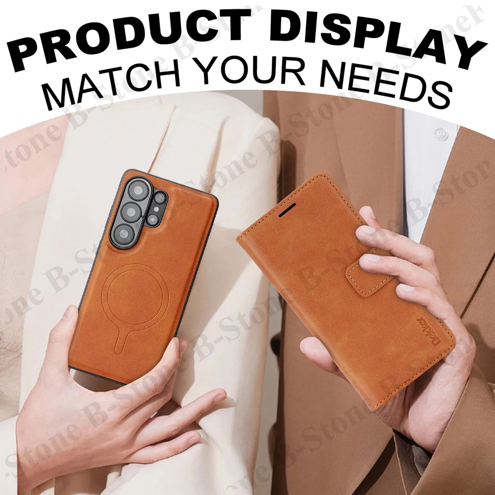 2 In 1 Leather Flip Case for Samsung Galaxy S26 Ultra 25 Plus S24 S23 S26U Wireless Charging Magnetic Cash Card Slots Phone Case