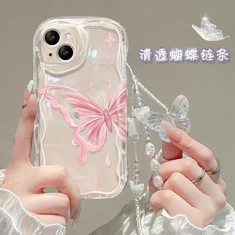 Korean Cute 3D Butterfly Bracelet Chain Phone Case For IPhone 15 16 17 Pro Max 14 11 13 12 Mini Plus 16E 17 Air Wavy Clear Cover
