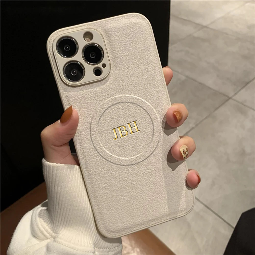 Personalized Case For iPhone 11 12 13 14 15 16 17 Pro Max Customized Initials Name Wireless Charging For Magsafe Leather Cover