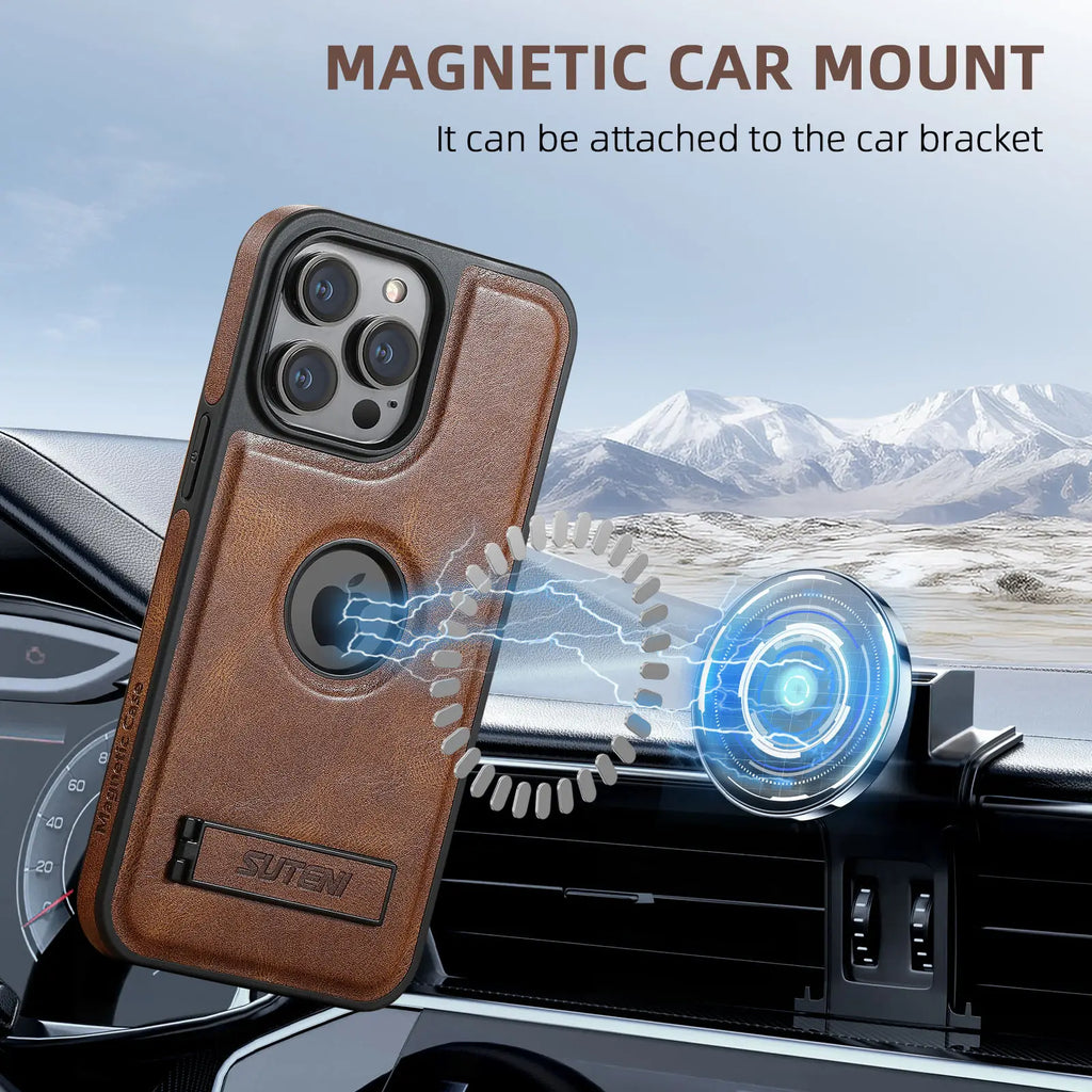 For iPhone 15 14 13 12 Pro Max Leather Case, [Compatible with Mag-safe] Built-in Invisible Stand Protective Slim Kickstand Cover