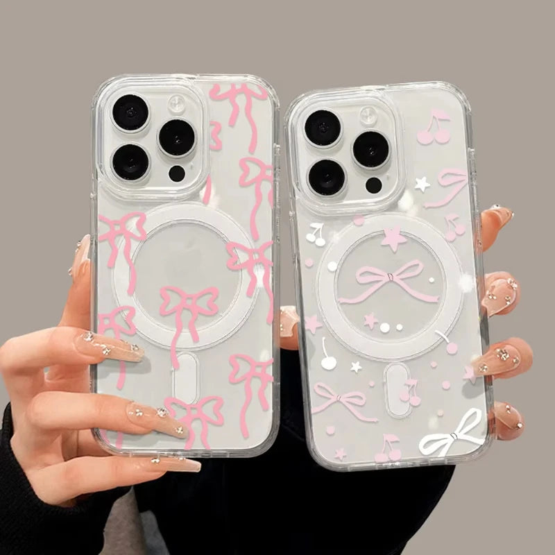Y2K Pink Bow Magsafe Magnetic Charging Case For iPhone 13 Case iPhone 16 15 11 14 13 12 17 Pro Max Air Clear Shockproof Cover