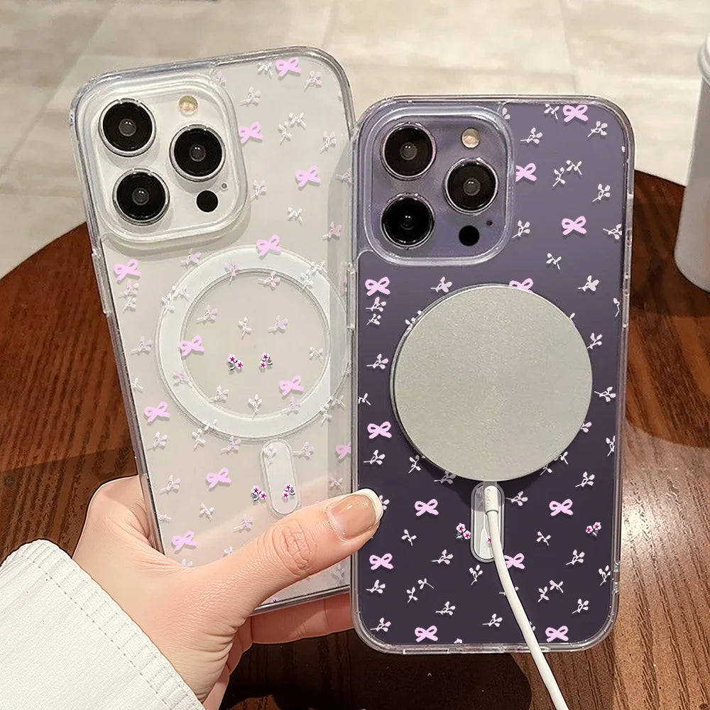 Cute Bow For Magsafe Wireless Charger Case For iPhone 17 14 15 13 11 12 16 Pro Max Funda iPhone 17Air Magnetic Clear Phone Cover