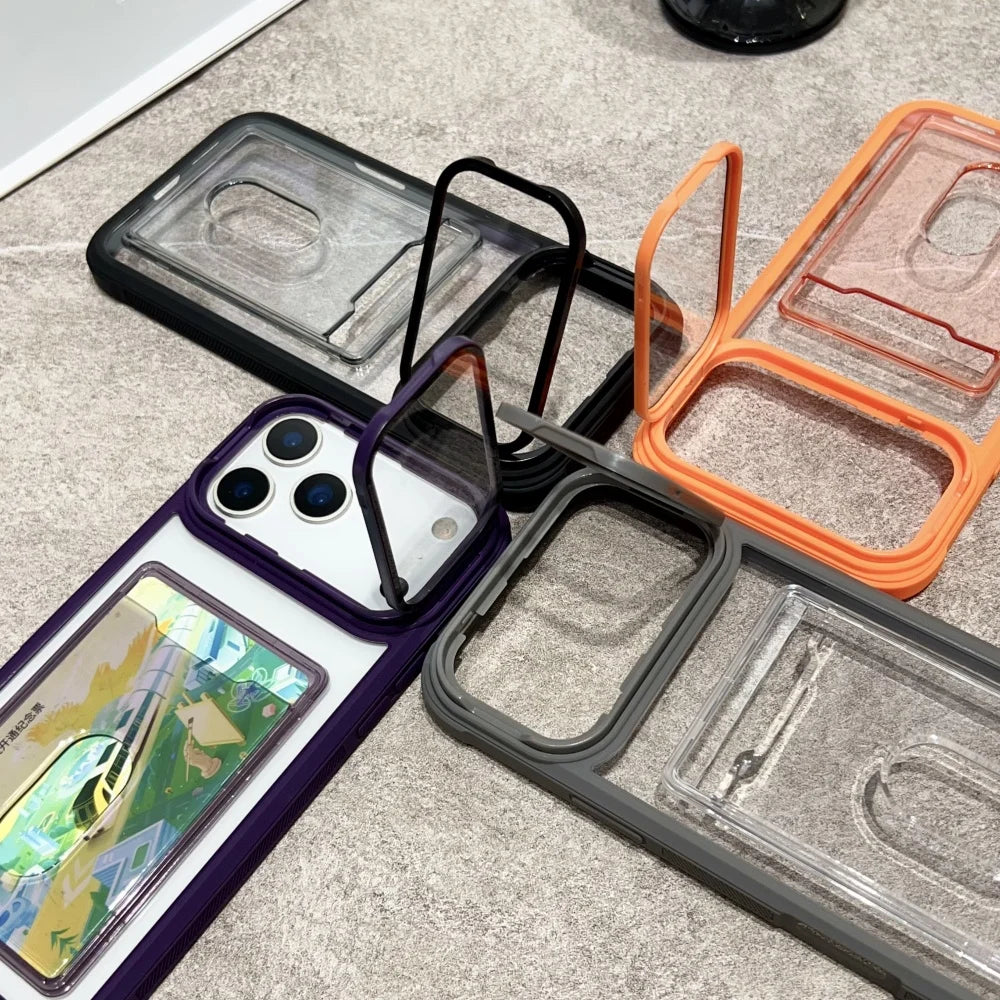 Luxury Slot Card Holder Wallet Clear Case For iPhone 11 12 13 14 15 16 17 Pro Max Air Fold Lens Stand Holder Shockproof Cover