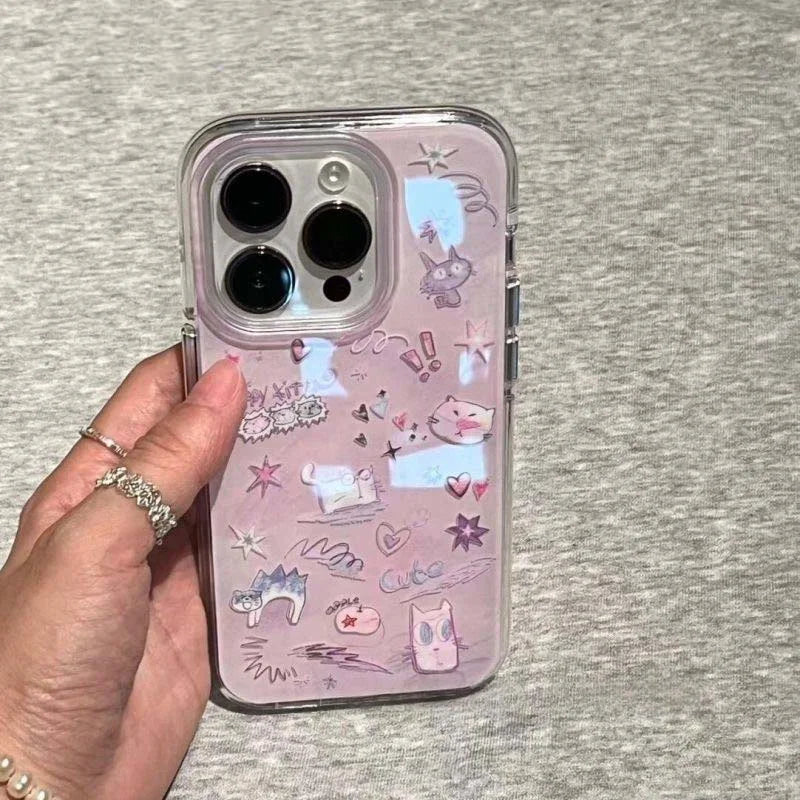 Frosted graffiti cat phone case comes with lace pendant for iPhone 11 12 13 14 15 16 Pro Max