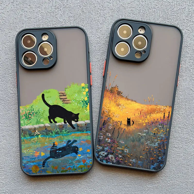 Anime Landscape Painting Cute Cat Phone Case For iPhone 17 16 15 14 Pro Max Plus 11 12 13 Mini Pro Max Shockproof Back Covers