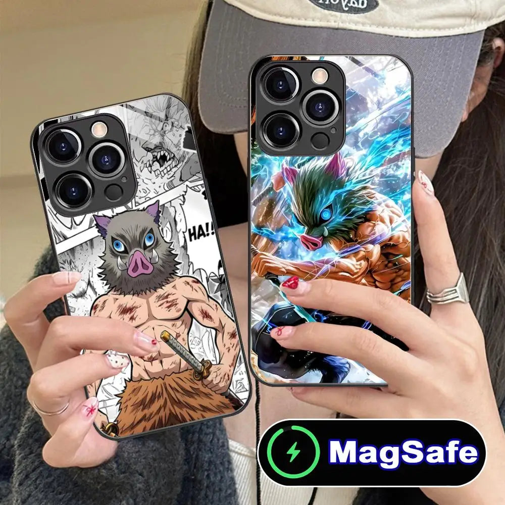 Demon Slayer Inosuke Phone Case for iPhone 16 15 14 13 12 11 Pro Max Plus Mini MagSafe Glass Colour Protective Cover Cellphones