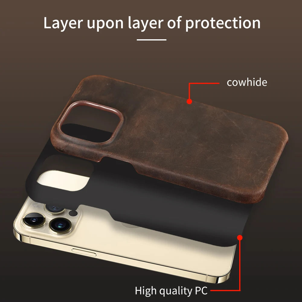 Retro Cowhide Phone Case for iPhone 17 16 15 Pro Max 13 14 Pro 17Pro Air Luxury Crazy Horse Genuine PULL-UP Leather Back Cover