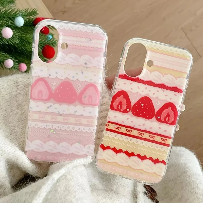 Cream Strawberry Cake Lace Bowknot Phone Case For iPhone 17 16 15 14 13 12 11 Pro Max 16e 17 Air X XR XS Max 7 8 Plus Soft Cover