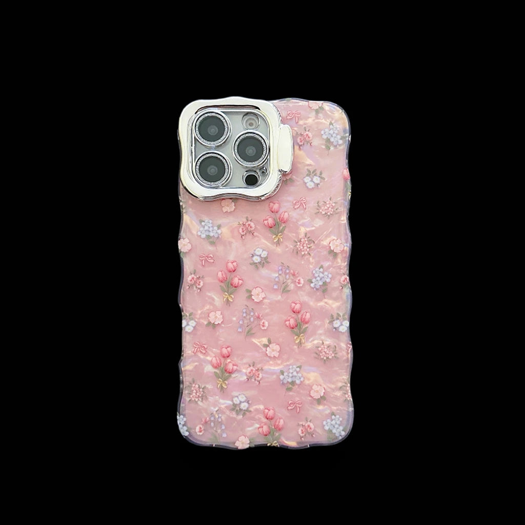 Chic Tulips Pattern Waving Frame Shell Gloss Len Frame Kickstand Phone Case for iPhone 16 15 14 11 12 13 Pro Max Plus Back Cover