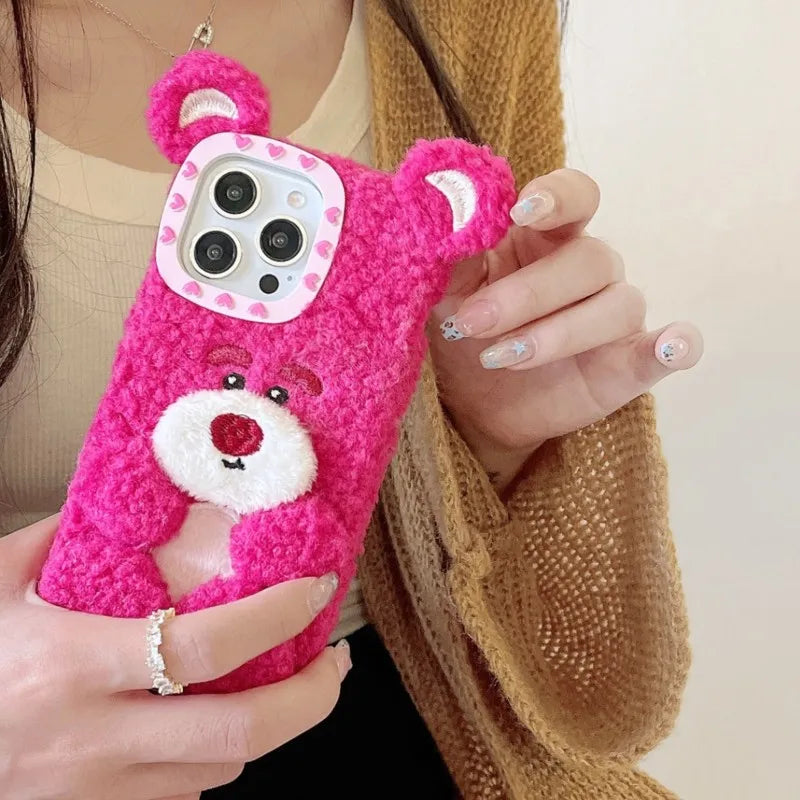 Korea Kawaii Aesthetic Lotso Strawberry Bear Plush Phone Case Fluffy Winter Warm Shockproof Cover for iPhone 16 15 14 13 Pro Max