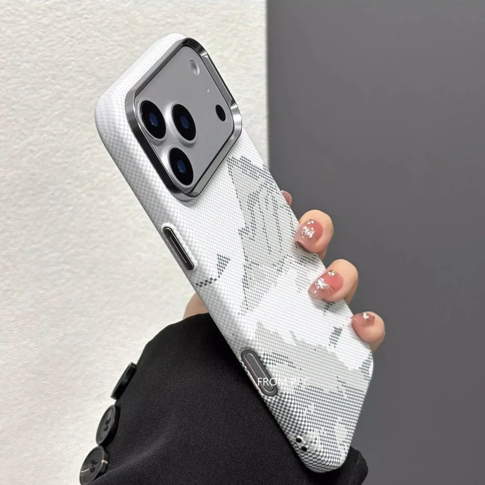 Snow Mountain Magnetic Case for iPhone 17 Pro Max Carbon Fiber Hard PC Magnets in Back Cover Camera Metal Lens Protection Shell