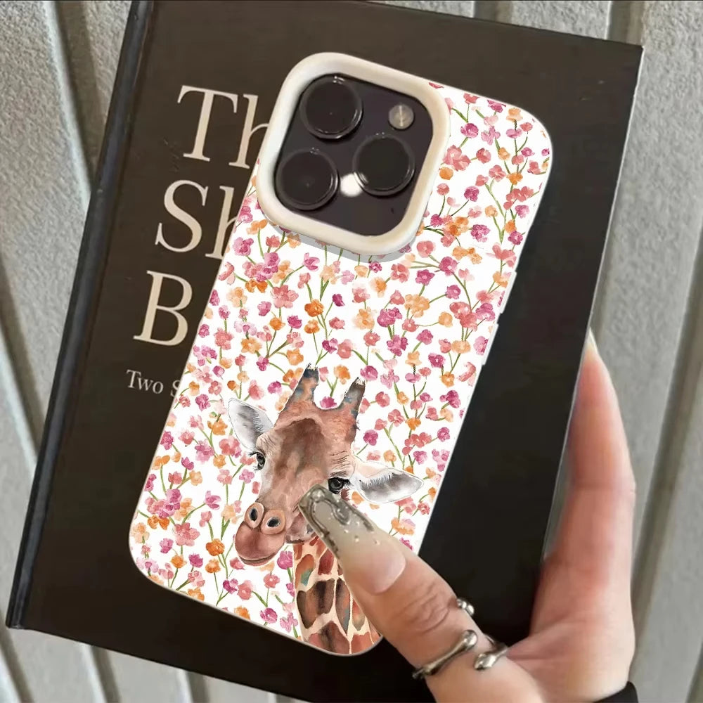Cute Giraffe Pink Floral Phone Case For iPhone 17 16 15 14 13 12 11 Pro Max Romantic Flower Pattern Phone Case For Girls