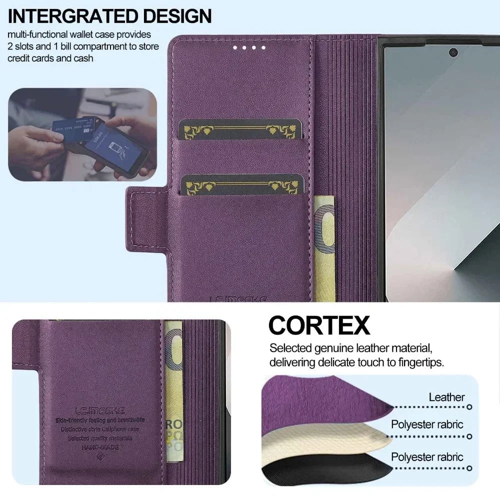 Premium Leather Phone Case for Samsung Galaxy Z Fold 7 6 5 4 3 Fold6 Fold5 Fold4 5G with Pen Holder Wallet Flip Phone Cover