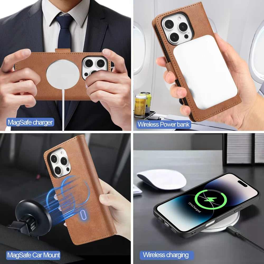 2 In 1 Detachable Wallet Case For iPhone 17 16 Pro Max 15 Plus 14 13 12 16e Magnetic MagSafe Wireless Charging Stand Phone Cover