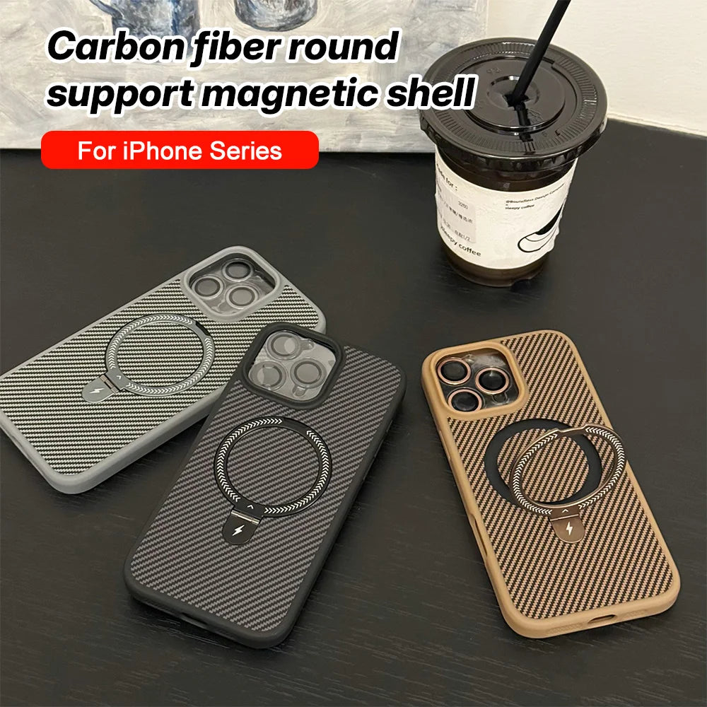 Carbon Fiber Texture For Magsafe Magnetic Bracket Phone Case For iPhone 17 11 12 13 14 15 16 Pro Max Glass Lens Protector Cover