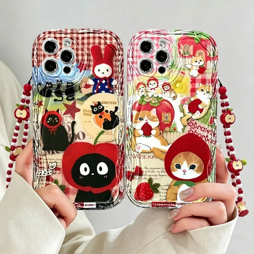 Cartoon Cat Animal Red Apple Fruit Phone Chain Case For Xiaomi Redmi Note 15 14 13 12 Pro Plus 5G 4G Redmi 15C 15A 14C 13C 12C