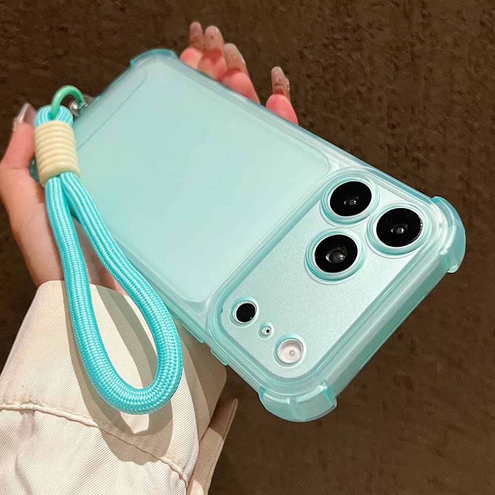 Luxury Matte Transparent Shockproof Protective Phone Case For iPhone 17 16 15 14 13 12 11 Pro Max Hand Wrist Strap Lanyard Cover