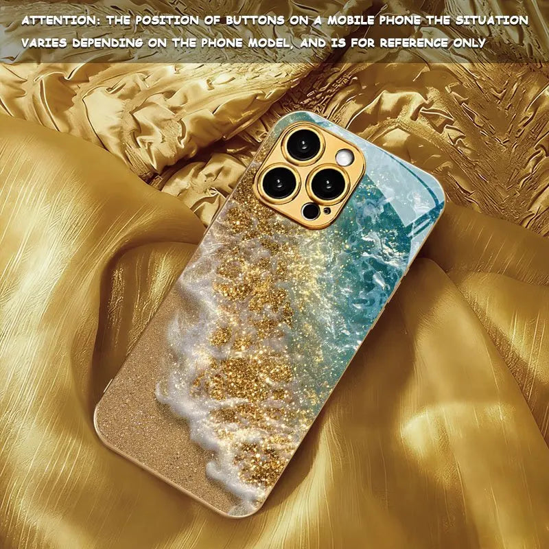 The new seaside beach pattern electroplated glass phone case is suitable for iPhone 17, 16, 15, 14, 13, 12, 11, etc.