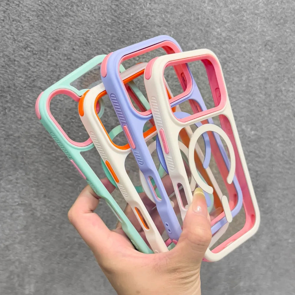 For Magsafe Case for iPhone 17Pro 17 13 12 11 Pro Max 16 15 14 Plus Anti-Slip 3 in 1 Wireless Charging Clear Armor PC TPU Cover