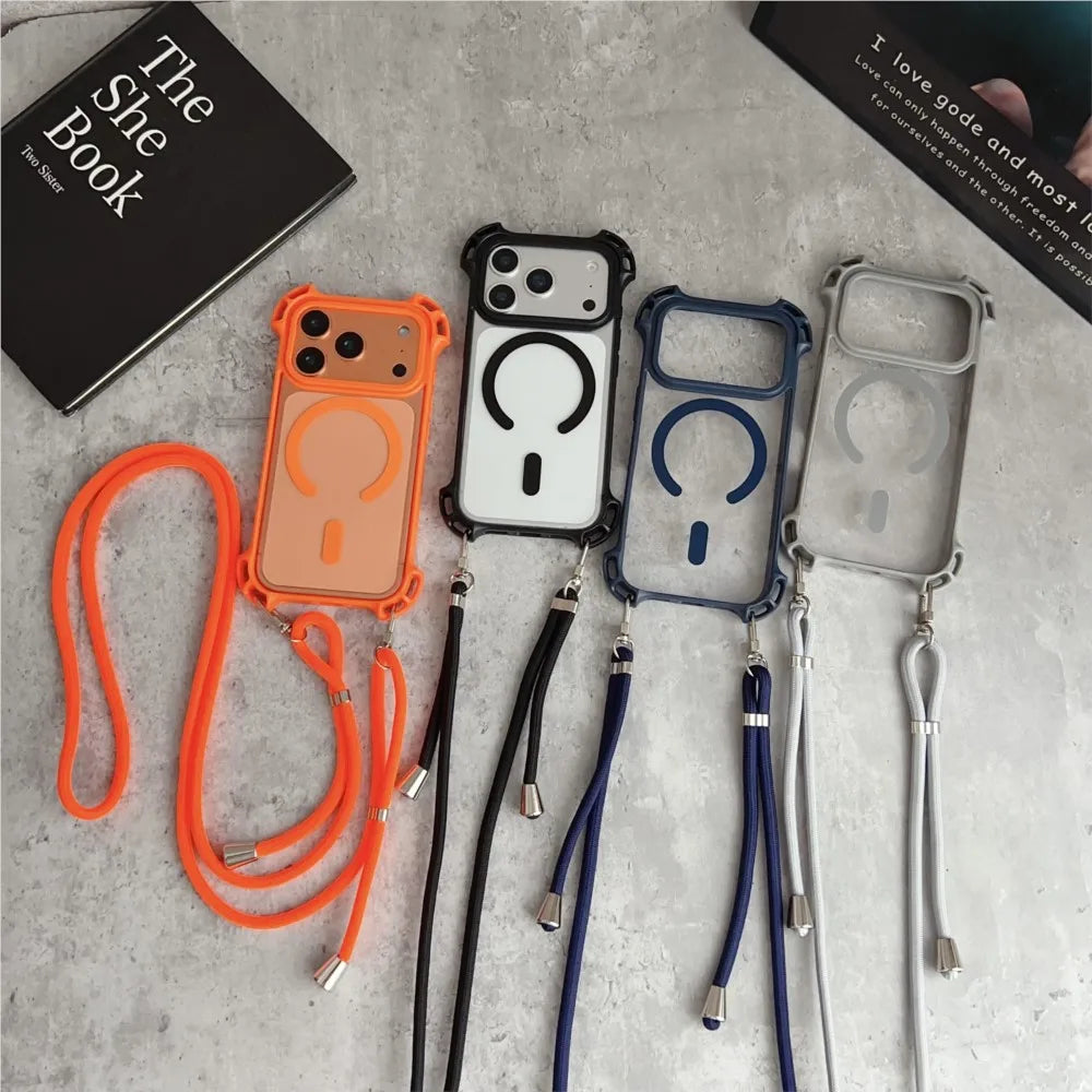 For Magsafe Lanyard Shockproof Clear Case For iPhone 17 Air 16 15 14 13 12 11 Pro Max Plus 16E Magnetic Wireless Charging Cover