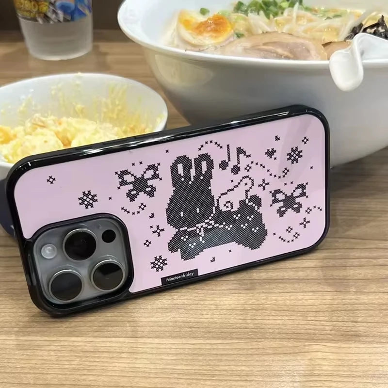 Korean Ins Pink Pixel Rabbit Angel Wings Cartoon Phone Case For iPhone 17 16 15 14 13 12 11 Pro Max Plus Acrylic Cover