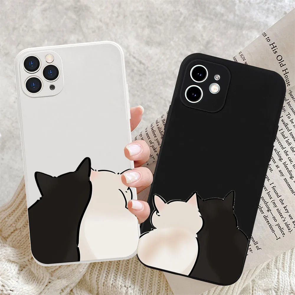 Cute Lovers Cat Couple Phone Case For iPhone 16 15 14 13 12 11 Pro Max Plus 17 Air 13Mini Matte Soft Paired Cover Fundas Shells