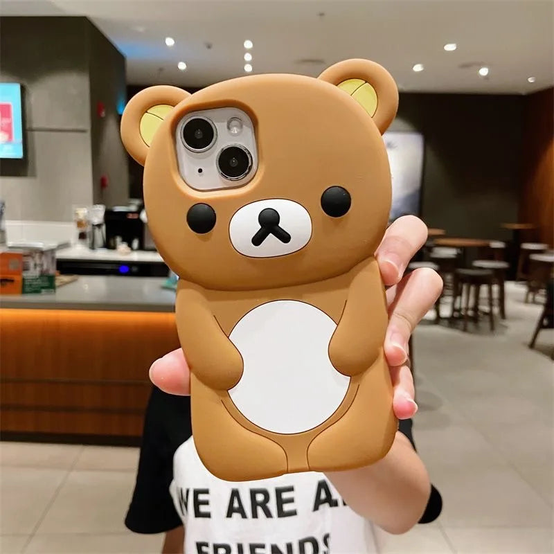Couple Rilakkuma Bear 3D Cartoon Case for iPhone 16 Pro Max 15 14 Plus 13 Mini 12 Pro 11 X XS XR 7 8 SE Silicon Back Phone Cover